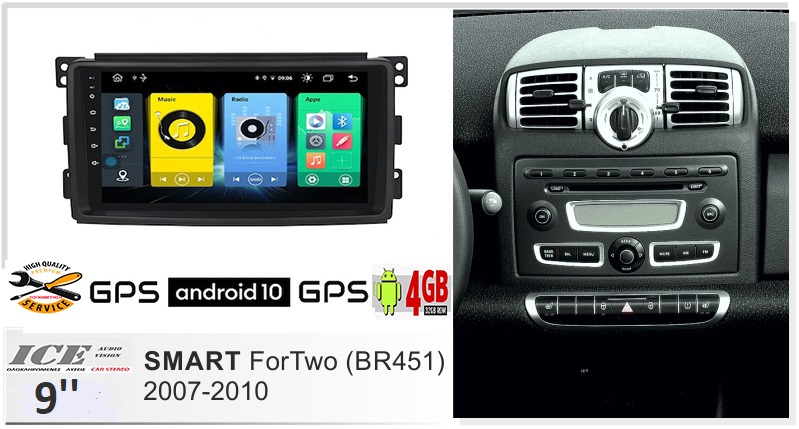 SMART 451 (2007-2010) Android 10 οθόνη αυτοκίνητου 9'' ICE93-4GB με GPS WI-FI ( Youtube Playstore MP3 USB Bluetooth Mirrorlink  